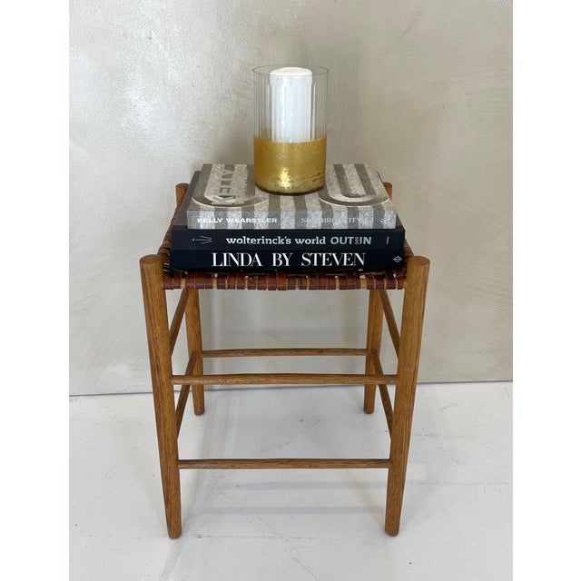 Late 20th Century Vintage Woven Leather and Oak Stool / Side Table, Scandinavian Style For Sale - Image 5 of 5