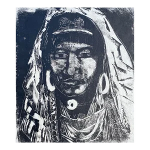 1960s Linocut of Man in Tribal Dress