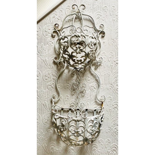 Vintage 1960s White Iron and Metal Hollywood Regency Double Wall Planter For Sale - Image 13 of 13