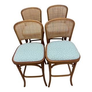 Mid Century Cane Back Bentwood Barstools with Reupholstered Seats - Set of 4 For Sale