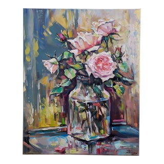 Svitlana Tkachuk Rose Still Life Original Painting Oil on Canvas For Sale