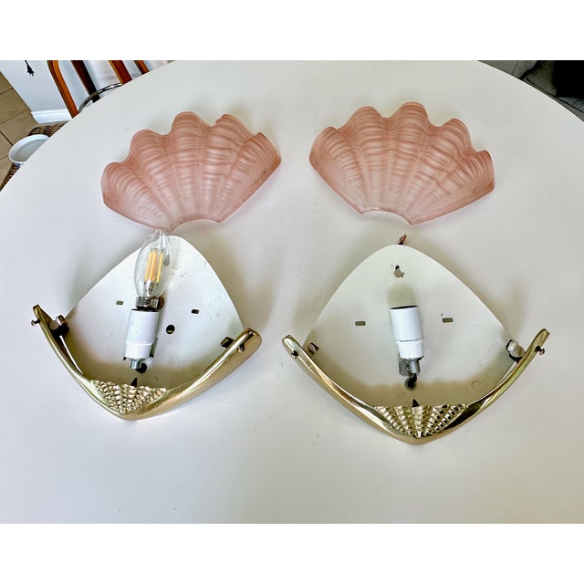 Pair Art Deco Shell Clam Shaped Pink Glass Brass Wall Sconce For Sale - Image 16 of 18
