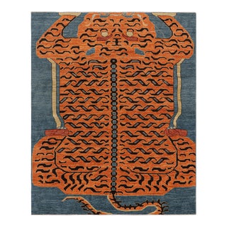 Rug & Kilim’s Contemporary Tiger Rug in Blue With Black and Orange Pictorial For Sale