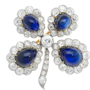Antique Gia Certified 6 Carat Cabochon-Cut Sapphire and Diamond Floral Brooch