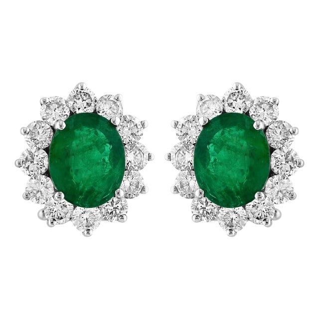 6 Ct Oval Shape Emerald & 3 Ct Diamond Post Back Earrings 14 Karat White Gold For Sale
