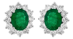 6 Ct Oval Shape Emerald & 3 Ct Diamond Post Back Earrings 14 Karat White Gold