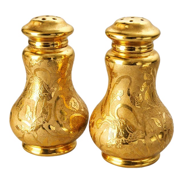 Vintage Osborne China 22k Gold Salt & Pepper Shakers – Botanical Motif For Sale