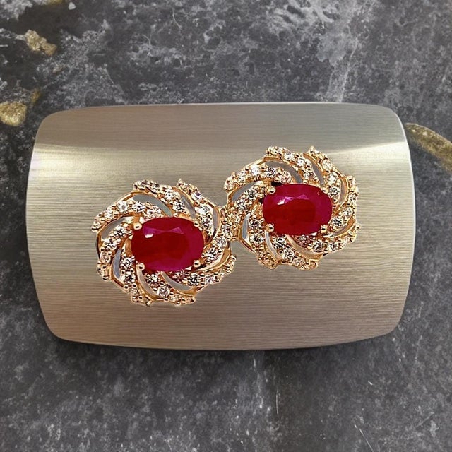 Diamond Ruby Earrings 14 Karat Yellow Gold 3.64 TCW Certified For Sale - Image 9 of 18