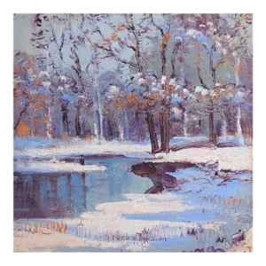 Vintage Impressionist Snowy Winter River Landscape Painting