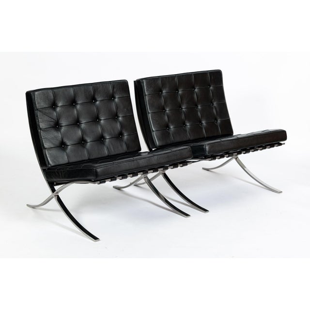 1970s Pair Mid Century Black Leather Barcelona Chairs by Mies Van Der Rohe for Knoll, 1977 For Sale - Image 5 of 17