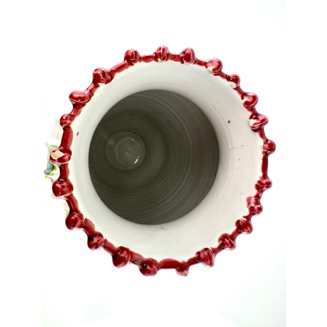 1970s 1970s Italian Hand-Painted Ceramic Floral Vase With Scalloped Rim, Mid-Century Majolica Style For Sale - Image 5 of 8
