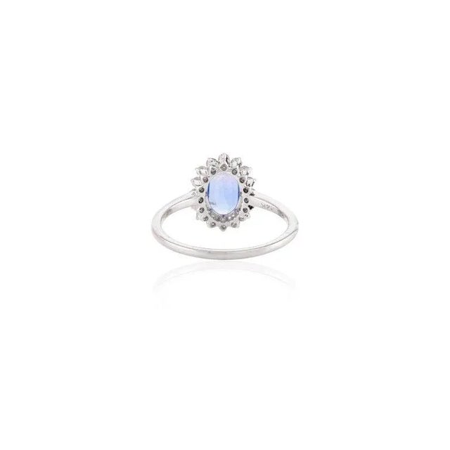 Metal Oval Cut Royal Sapphire Diamond Halo Ring Size 7 in 14k Solid White Gold For Sale - Image 7 of 13