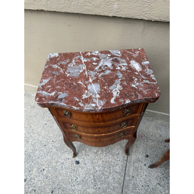 Pair Vintage Louis XV Marble Top Nightstands | Hand-Painted Details | Brass Mounts For Sale - Image 4 of 8