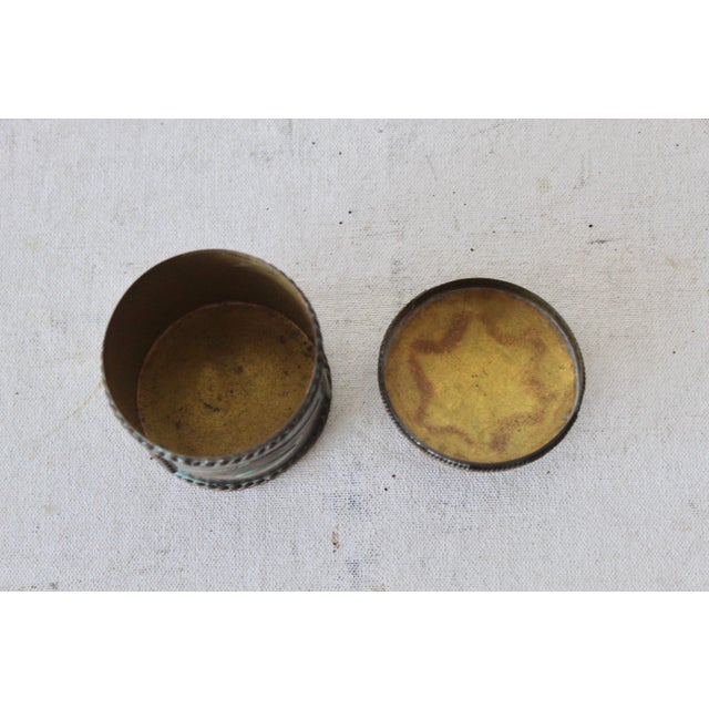 Vintage Spanish Style Cylindrical Brass Copper White Metal Lidded Container With Patina Star Detail For Sale In Miami - Image 6 of 9
