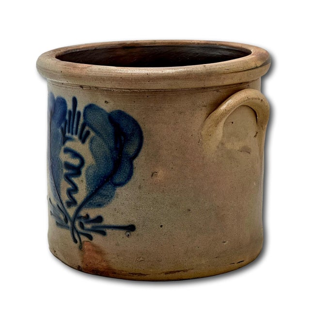 Wonderfully Rustic Small 1 Gallon Size Antique MId 1800s American Blue Decorated Stoneware Storage Crock 7 Inches Tall For Sale In Boston - Image 6 of 18