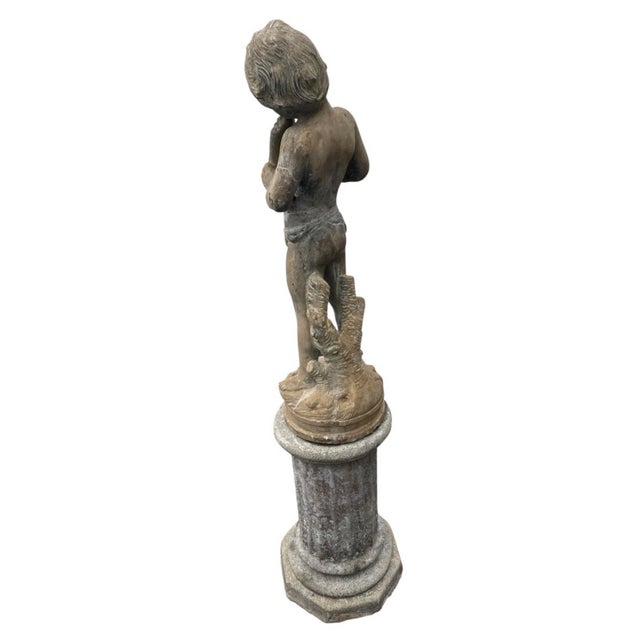 Traditional Vintage Cast Stone Centerpiece Fountain Featuring a Pan Flute Playing Putto on a Column For Sale - Image 3 of 12