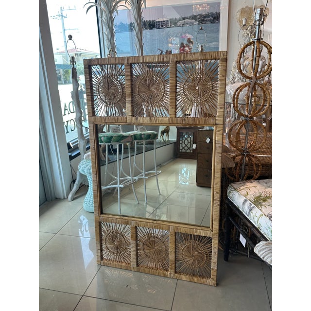 Tan Vintage Palm Beach Spun Woven Wicker Rattan Sunburst Wall Mirror For Sale - Image 8 of 10