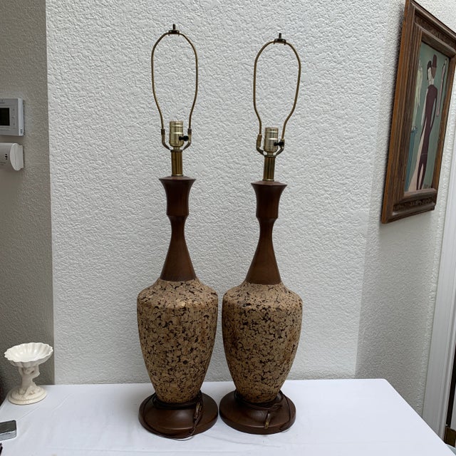 Set of Two Midcentury Modern Scandinavian Style Cork and Wood Lamps, a Pair For Sale - Image 9 of 11