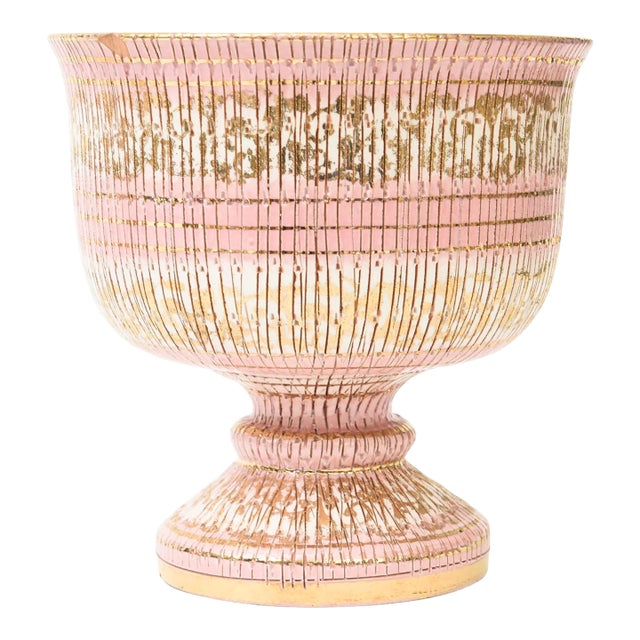 Vintage Aldo Londi for Bitossi Ceramic Seta Pedestal Bowl Pink, Brown, Gold Off White Yellow Hallmarked For Sale