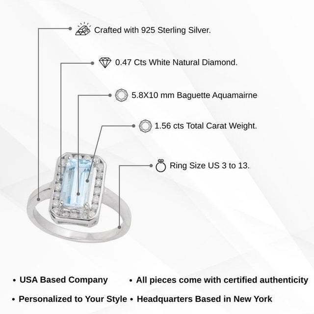 925 Sterling Silver Aquamarine Statement Ring With Diamond Halo, Size 6.5 For Sale - Image 12 of 15