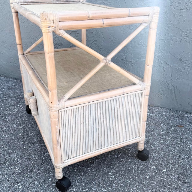 Boho Chic White Washed Bamboo Reed and Grass Cloth Bar Cart For Sale In West Palm - Image 6 of 9