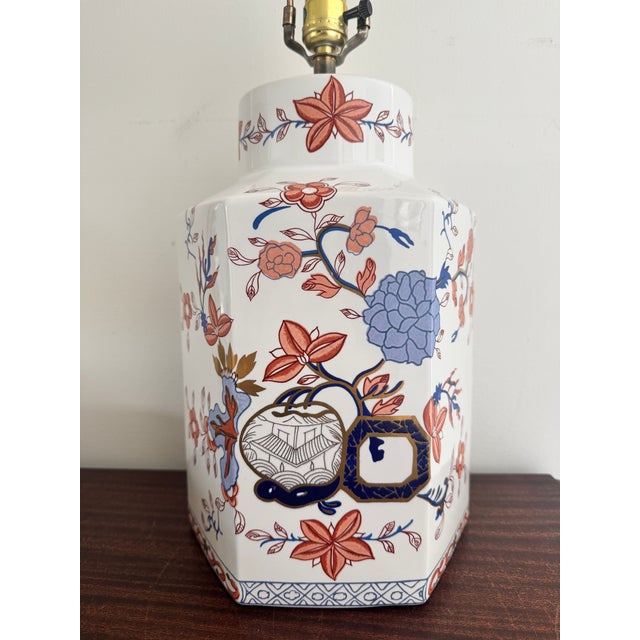 Listing is for a vintage Japanese Imari table lamp in the shape of a ginger jar. The height to finial screw is 24” and...