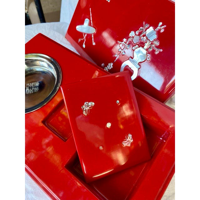 Wood Mid 20th Century Korean Red Lacquer Smoking Box With Mother-of-Pearl Inlay – Complete Set For Sale - Image 7 of 11