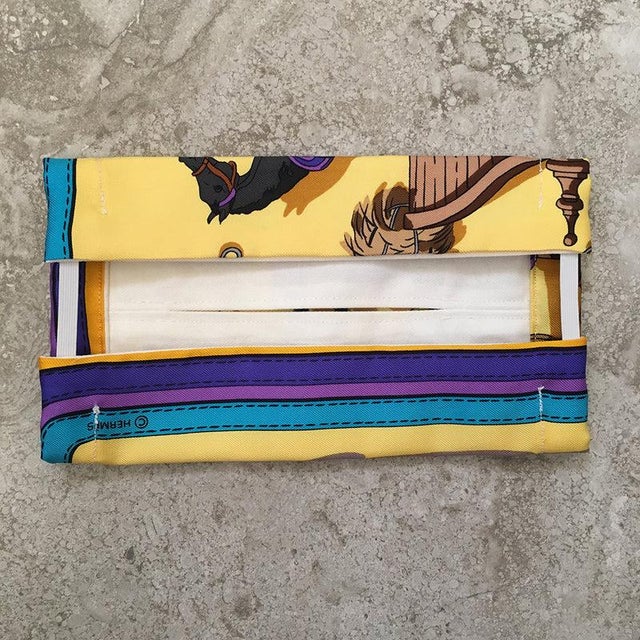 Original silk screen design c1947 by Philippe Ledoux features a multicolor horse stable print over a yellow background...