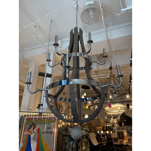Rustic Restoration Hardware Twelve Light Wine Barrel Chandelier For Sale - Image 3 of 16