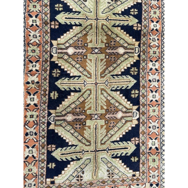 Pretty mid century Turkish Anatolian rug with beautiful geometrical Caucasian design and nice colours with a dark blue...
