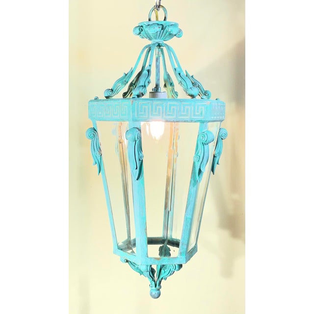 Turquoise Vintage Neoclassical Verdigris Lantern – Greek Key Detail – Restored & Rewired For Sale - Image 8 of 15