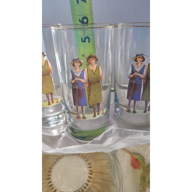 Vintage Set of 4 B. Brian Atwater 1920s Ladies Golf Motif Highball Barware Glasses Gold Trim For Sale - Image 11 of 12