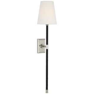 Chapman & Myers for Visual Comfort Signature Basden 29" Tail Sconce in Polished Nickel and Black Rattan with Linen Shade For Sale