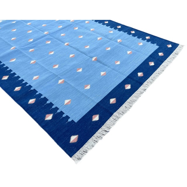 Not Yet Made - Made To Order Handmade Cotton Natural Vegetable Dyed Reversible Sky Blue Orange Star Rug Dhurrie - 10'x14' For Sale - Image 5 of 12