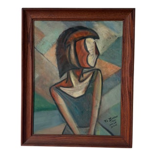 1970s Vintage Cubist Woman Portrait Oil on Board Painting by Dave For Sale