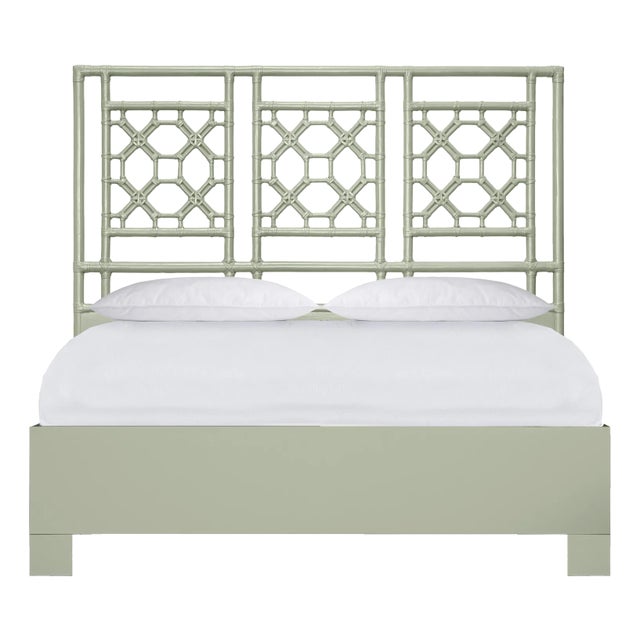 Lattice Back Platform Bed Queen, Celery Green For Sale