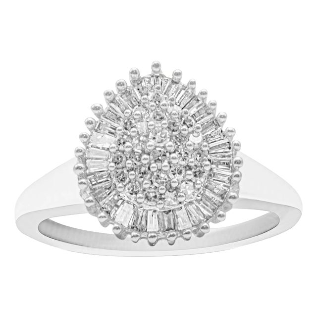 10K White Gold 1/2 Cttw Round & Baguette Cut Diamond Pear Shaped Domed PavÃ© Cluster with Halo Cocktail Ring - Size 7 For Sale