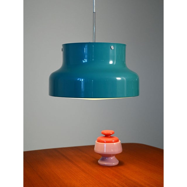 Iconic Bumling pendant lamp in blue chromed metal by Anders Pehrson for Ateljé Lyktan, with original label. Bumling...