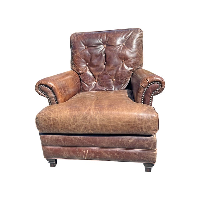 Traditional Distressed Leather Pottery Barn Chair and Ottoman For Sale - Image 3 of 9