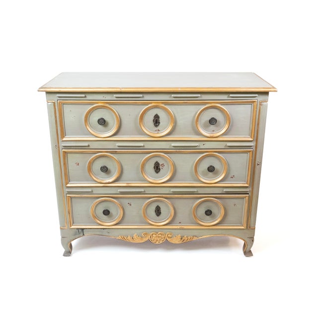 Transitional 1990s Handcrafted Chest With Two-Toned Scrubbed Gray Painted Red Finish and Gold Leaf Accents For Sale - Image 3 of 7