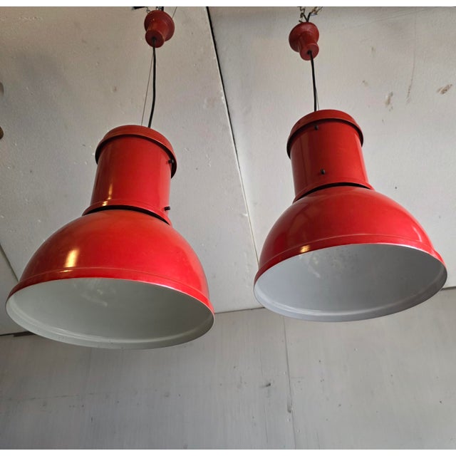 Red Metal Pendant Lamps from Fontana Arte, 1970s, Set of 2, in Very Good conditions. Designed 1970 to 1979 I have official...