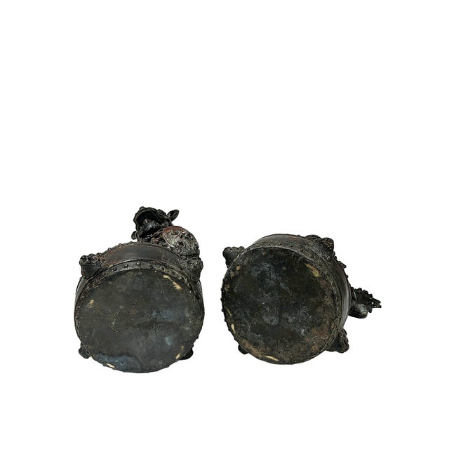 Pair Vintage Rustic Metal Fengshui Foo Dog Lion Drum Base Art Figures For Sale - Image 9 of 10