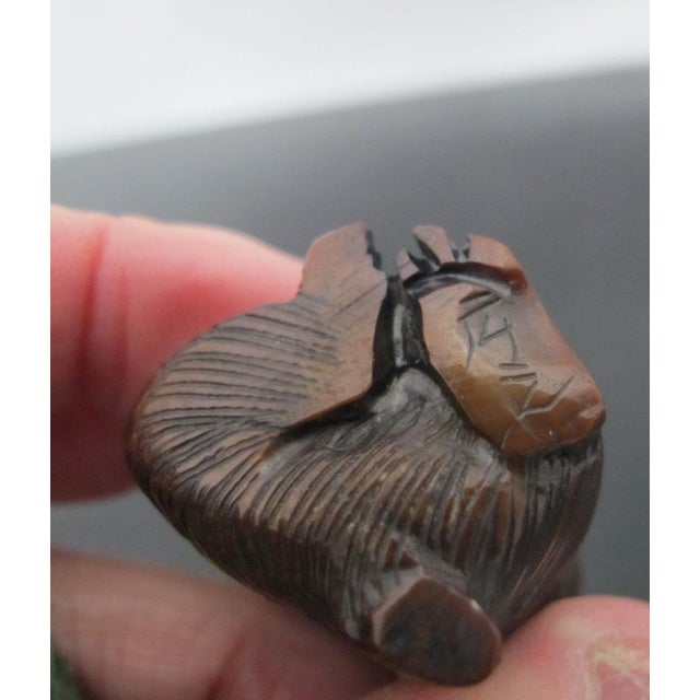 Brown Antique Japanese Carved Wood Badger or Bear With Barrel Netsuke Figurine For Sale - Image 8 of 8