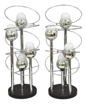 Vintage Mid Century Modern George Kovacs Style Spiral Chrome Ball Table Lamps - A Pair
