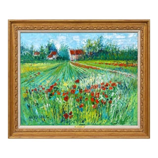 Mid‑Century Yolanda Ardissonne “Poppies” Oil on Canvas Landscape Painting For Sale