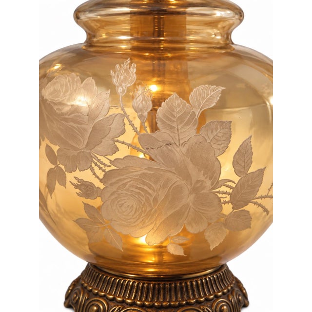 Amber Vintage Etched Amber Glass Rose Urn Lamp With Illuminated Base and Pleated Shade For Sale - Image 8 of 10