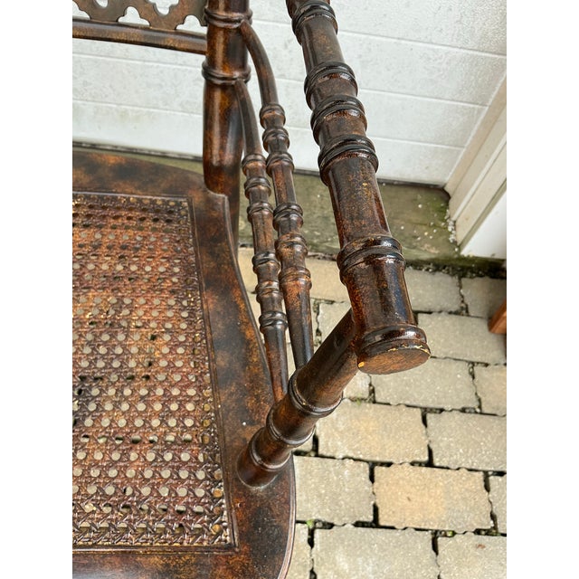 Pair of Regency Style Faux-Bamboo Faux-Painted Caned Seat Arm Chairs by Baker Furniture. For Sale - Image 9 of 12