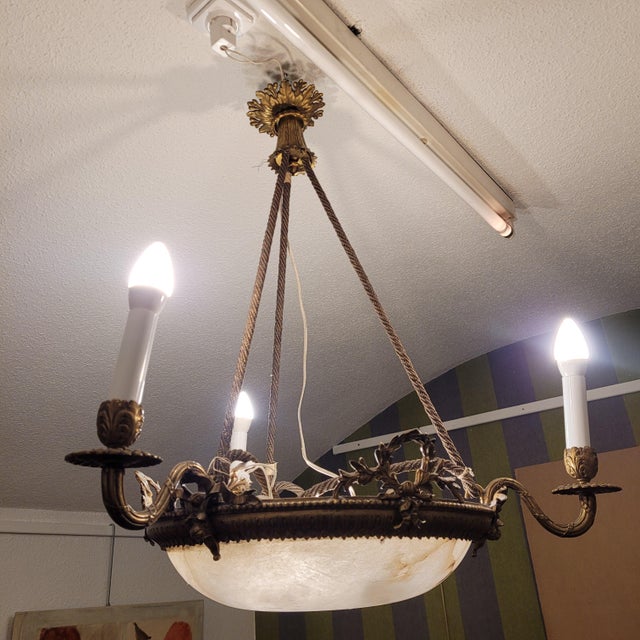 Early 20th Century Art Nouveau Ceiling Lam in Alabaster and Gilt Bronze, France, 1930s For Sale - Image 6 of 18