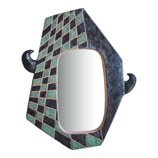 Contemporary French Ink Blue + Turquoise Ceramic Mirror with Horns by Nathalie For Sale