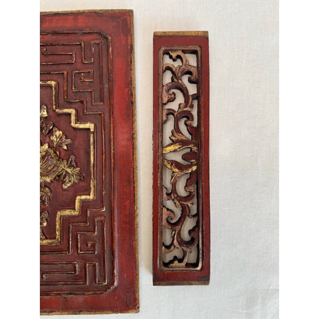 Wood Asian Teak Wood Carved Relief Red & Gold Plaques, Set of 4 For Sale - Image 7 of 10